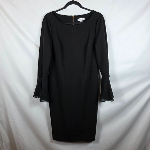 Calvin Klein Black Shift Dress Women's Size 12 Long Bell Sleeves - Picture 1 of 15